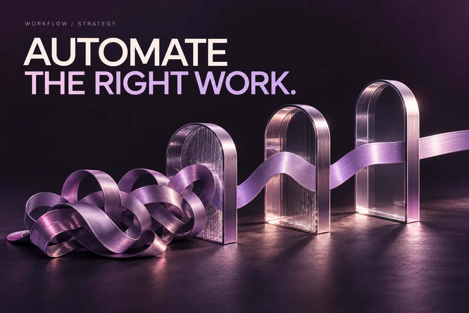 A lavender ribbon passes from tangled loops through three architectural gates into an orderly path beneath the words Automate the Right Work.