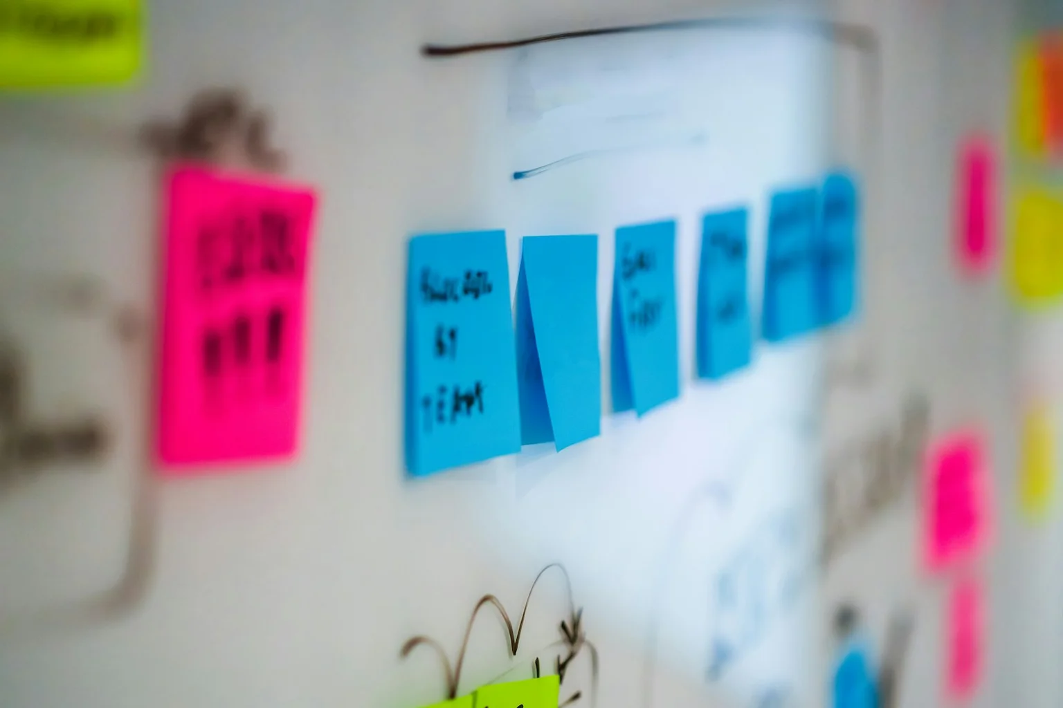 Colourful sticky notes arranged on a whiteboard for process planning