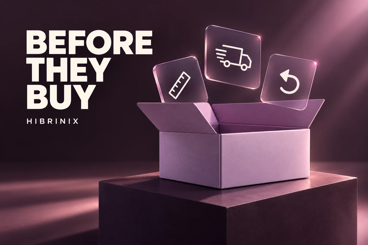An open lilac box with floating measurement, delivery and returns symbols beneath the words Before They Buy.