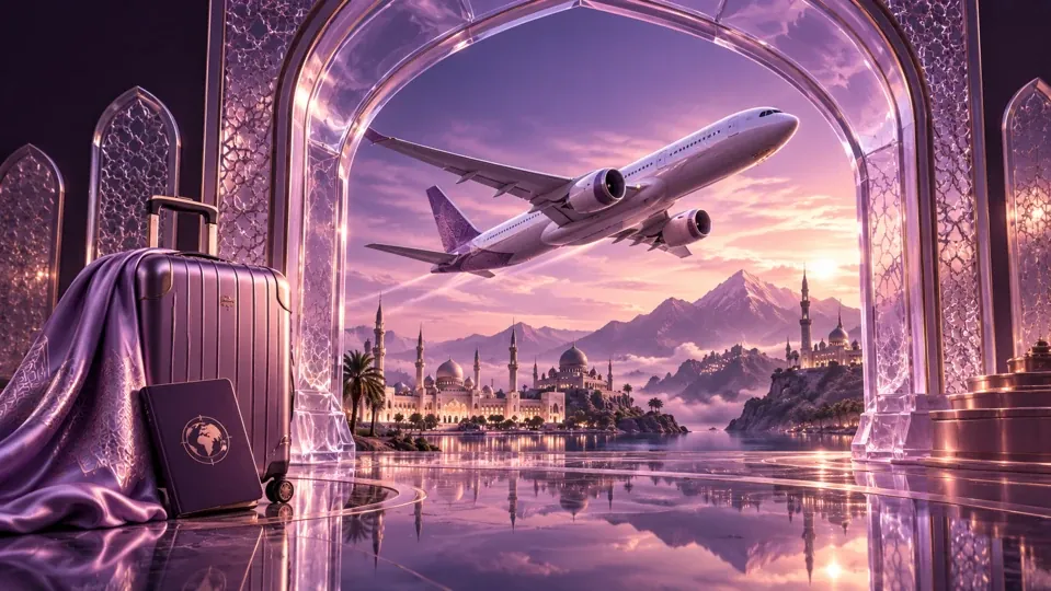 Aircraft, luggage and destination arches in the Hibrinix plum and lilac visual style.