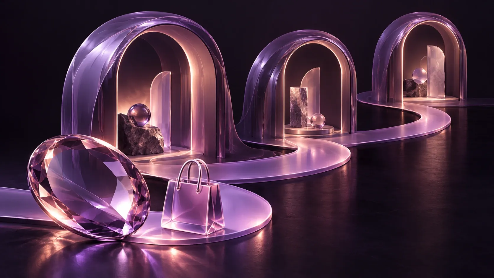 Purple-glass architectural portals, a discovery lens and a shopping-bag sculpture along a ribbon.