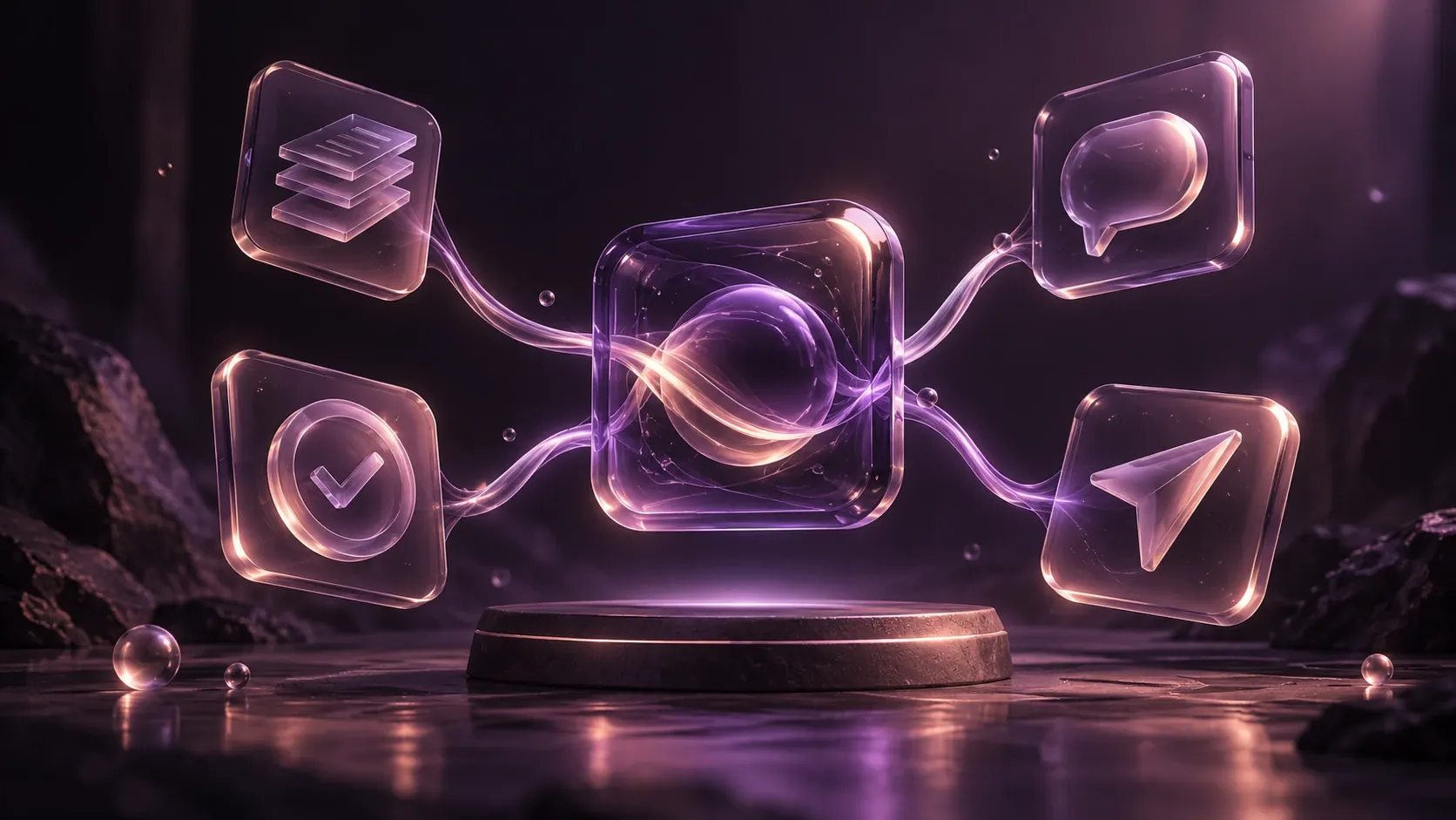 A sculptural purple-glass hub connecting content, conversations, approvals and publishing.