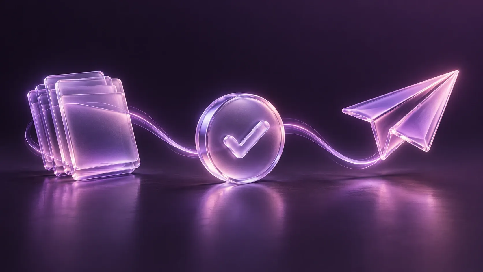 A lilac glass content stack, approval check and publishing plane connected by a flowing ribbon.