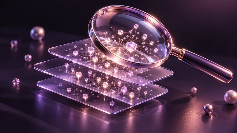 A lilac-glass magnifying lens revealing structured geometric nodes across layered glass plates.