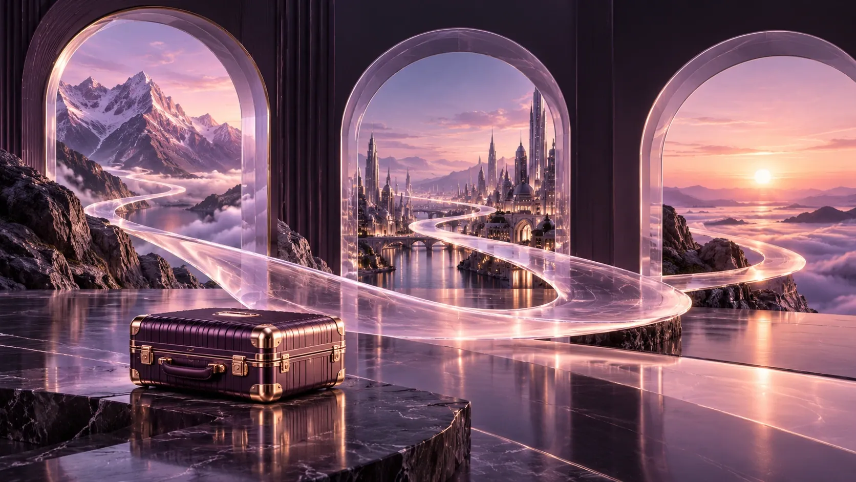 Architectural travel portals connected by a luminous journey ribbon.