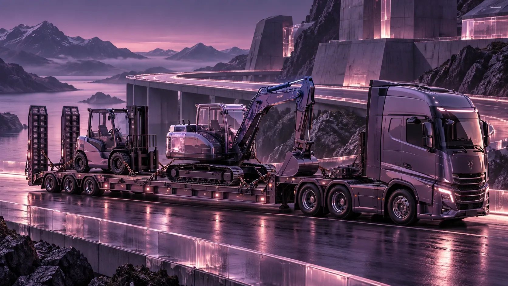 Purple machinery transporter carrying a forklift and excavator.
