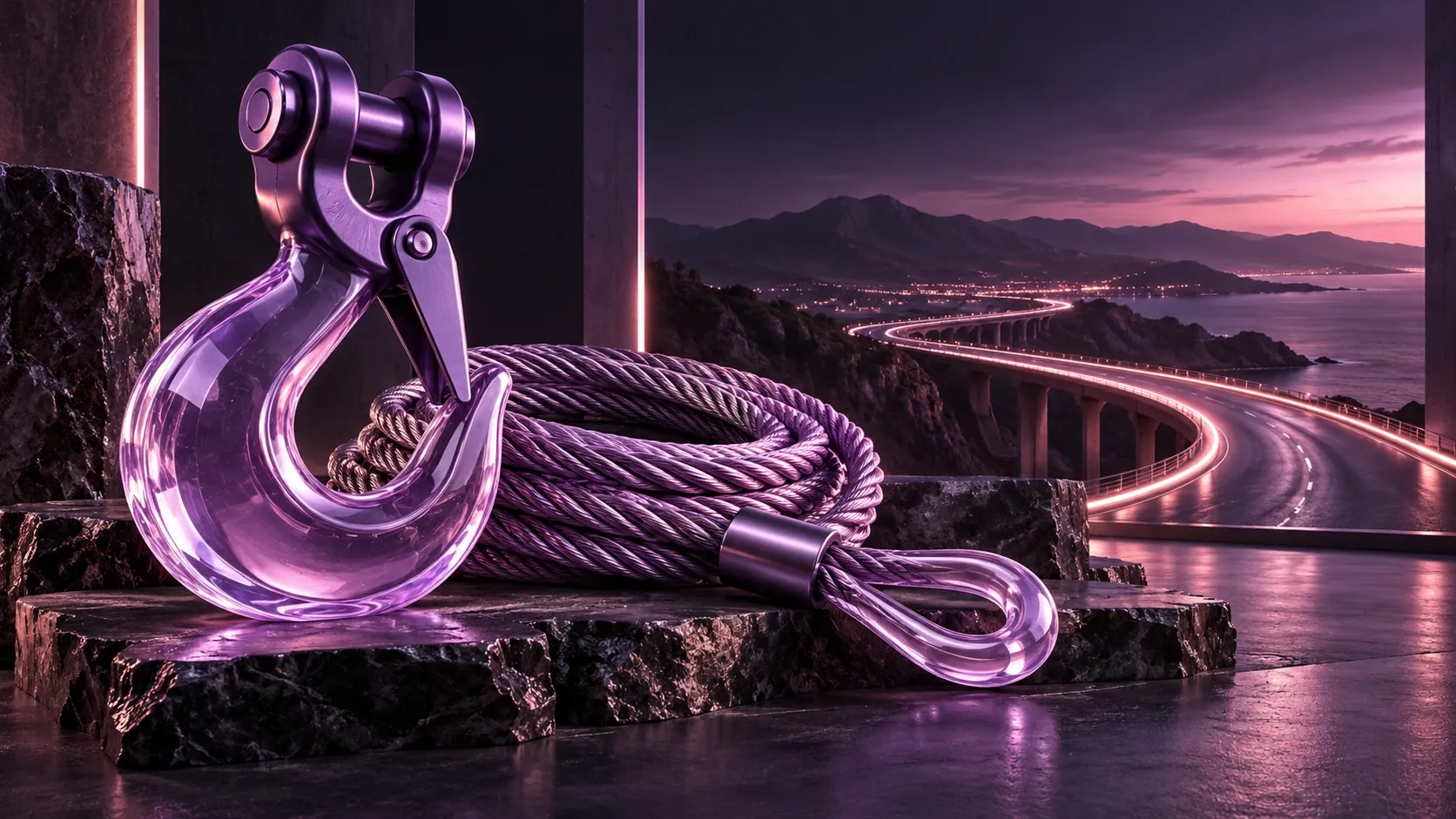 Lilac towing hook and recovery cable beside an illuminated road.