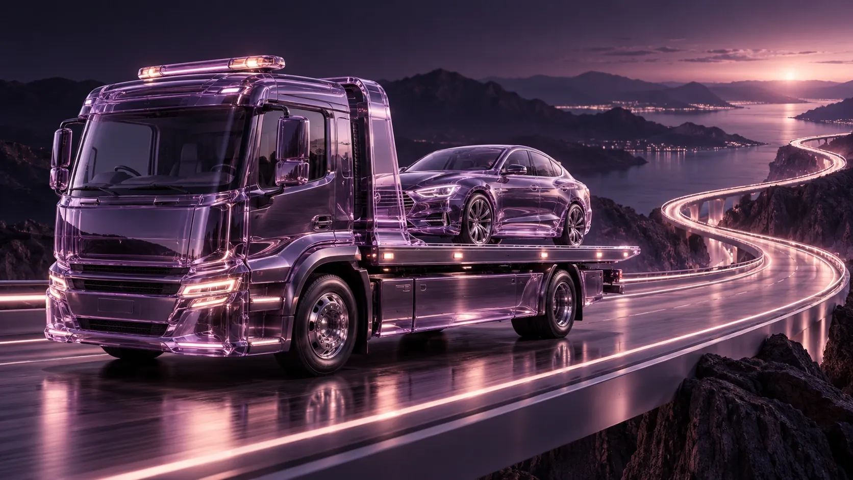 Purple glass tow truck and car on an illuminated road.