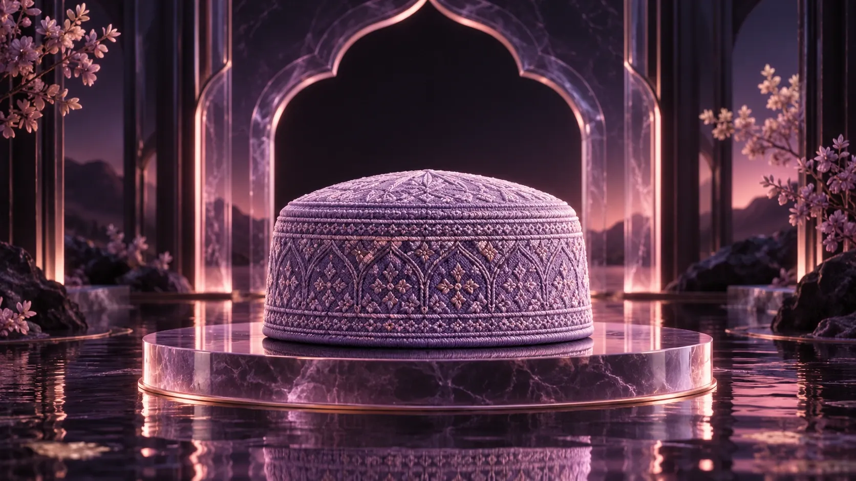 Lilac woven prayer-cap concept on an illuminated plinth.