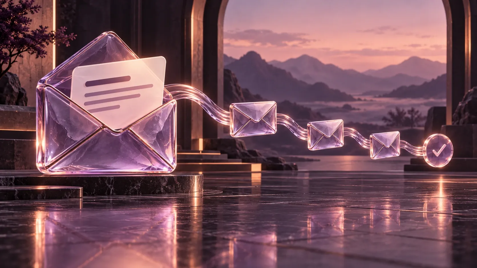 A lilac-glass envelope connects to a sequence of messages and a response check, illustrating an email campaign and follow-up journey.
